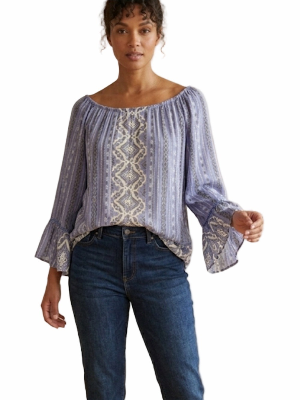 Boho Light Blue Peasant Top Womens XXL Floral Stripe Ruffle Hem Breezy Blouse